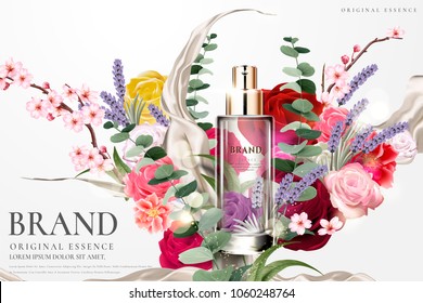 Romantic essence ads, transparent glass container with colorful flower ceremony design in 3d illustration Romantic essence ads, transparent glass container with colorful flower ceremony design in 3d illustration