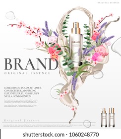 Romantic essence ads, transparent glass container with colorful flower ceremony design in 3d illustration Romantic essence ads, transparent glass container with colorful flower ceremony design in 3d illustration