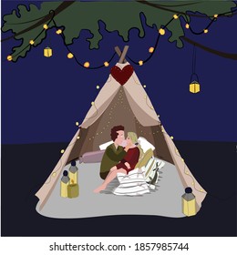 Romantic evening at the back yard in a tent with lights and candles