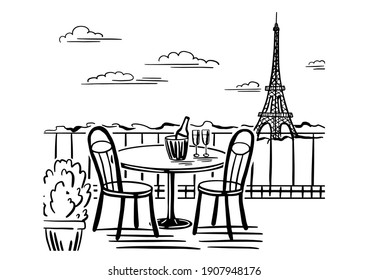 A romantic evening in a cafe on the terrace overlooking Paris. Hand drawn sketch. Vintage style. Black and white vector illustration isolated on white background.