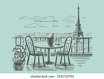 A romantic evening in a cafe on the terrace overlooking Paris. Hand drawn sketch. Vintage style. Vector illustration isolated on color background.