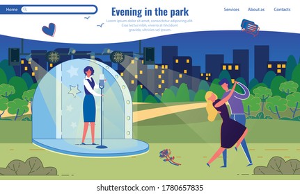 Romantic Evening in City Public Park Flat Landing Page Design. Passionate Man and Woman Dancing. Lady Vocalist Singing Lyric Song on Stage. Couple Lovers on Date. Vector Flat Illustration