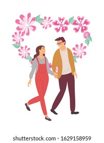 Romantic evening of couple in love vector, people enjoying company of each other, man and woman loving boyfriend and girlfriend with floral heart