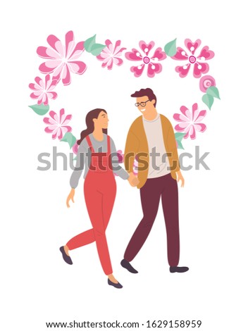 Romantic evening of couple in love vector, people enjoying company of each other, man and woman loving boyfriend and girlfriend with floral heart