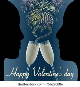 Romantic evening for a couple.
On a dark blue background, two black silhouettes of a man and a woman drinking champagne in front of a fireworks display. The glasses meet showing a heart.
