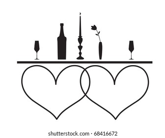 Romantic evening with a glass of wine, candle and flower in vase - silhouette vector illustration