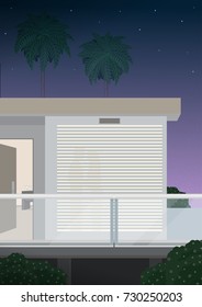 Romantic evening. Luxury country house. Retro style poster. Vector illustration.