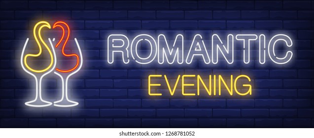 Romantic evening neon text with red and white wine splashes in glasses. Restaurant advertisement design. Night bright neon sign, colorful billboard, light banner. Vector illustration in neon style.