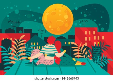 Romantic Evening on Roof. Cartoon Couple Sit on Building Rooftop Vector Illustration. Boy Girl Dating. Night Romance Full Moon Stars. Boyfriend Girlfriend Date Outdoors. Love Relationship