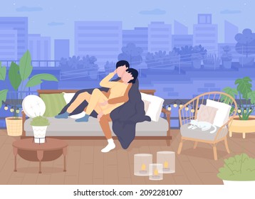 Romantic evening outdoors flat color vector illustration. Man and woman cuddling on couch on roof. Wife and husband wrapped in blanket 2D cartoon characters with interior on background