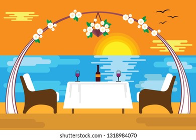Romantic evening at the sea in flat design style.