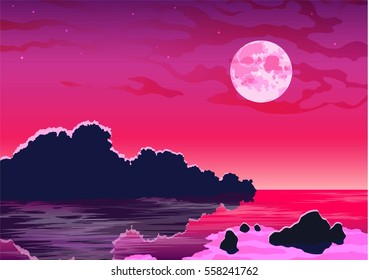 Romantic evening seascape with moon in pink colors