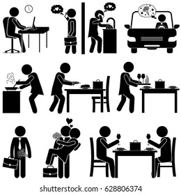 Romantic Evening Together after Work Day in Home Comfort. Husband & Wife / Boyfriend & Girlfriend in Love. Stick Figure Pictogram Icon
