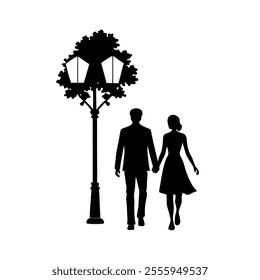 A romantic evening walk silhouette featuring a couple holding hands. Perfect vector illustration for love, relationships, and artistic designs for various projects.