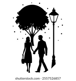 A romantic evening walk silhouette featuring a couple holding hands. Perfect vector illustration for love, relationships, and artistic designs for various projects.