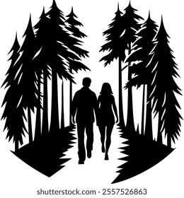 A romantic evening walk silhouette featuring a couple holding hands. Perfect vector illustration for love, relationships, and artistic designs for various projects.