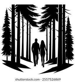 A romantic evening walk silhouette featuring a couple holding hands. Perfect vector illustration for love, relationships, and artistic designs for various projects.