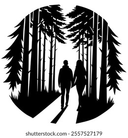 A romantic evening walk silhouette featuring a couple holding hands. Perfect vector illustration for love, relationships, and artistic designs for various projects.