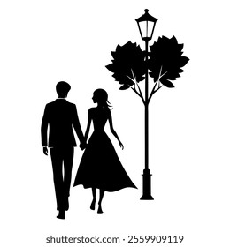 A romantic evening walk silhouette featuring a couple holding hands. Perfect vector illustration for love, relationships, and artistic designs for various projects.