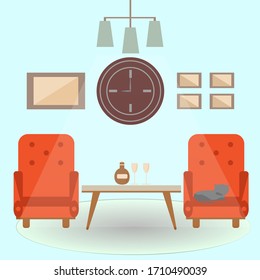 Romantic evening in warm, cozy interior of living room. Vector illustration in flat style. Template for design of interior design in trendy colors.