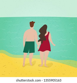 Romantic family couple. Romancing on the beach. Scenery. Making love. Summer time season holiday vacation concept. Vector trendy modern illustration poster