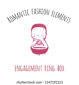 Romantic fashion elements: engagement ring box. Accessory for wedding, romantic card decoration. Fresh hand drawn illustration for engagement or valentine day design.
