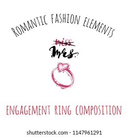 Romantic fashion elements: engagement ring composition. Accessory for wedding, romantic card decoration. Fresh hand drawn illustration for engagement or valentine day design.