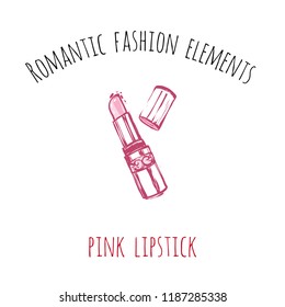 Romantic fashion elements: pink lipstick. Accessory for wedding, romantic card decoration. Fresh hand drawn illustration for engagement or valentine day design.