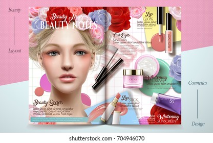 Romantic fashion magazine, cosmetic products with beautiful model decorated with floral elements in 3d illustration, geometric background