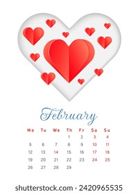Romantic February calendar with hearts in paper cut style. Vector calendar template.