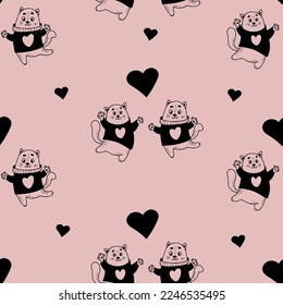 Patrón romántico felino sin fisuras. Gatos adorados con corazones sobre fondo rosa claro. Ilustración vectorial en estilo doodle. Fondo ilimitado para tarjetas de San Valentín, fondos de escritorio, embalaje, impresión