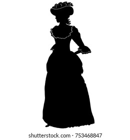 Romantic female silhouette in vintage style. Long antique dress, lace, hat, curly hair. For poster, print, design, covers, fabric, logo, advertising, interior decor, salon, decoupage, scrapbook, cards