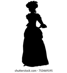 Romantic female silhouette in vintage style. Long antique dress, lace, hat, curly hair. For poster, print, design, covers, fabric, logo, advertising, interior decor, salon, decoupage, scrapbook, cards