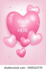 Romantic festive banner with serpentine and pink heart-shaped balloons. Template for banner or flyer design with free space for your text. Vector illustration
