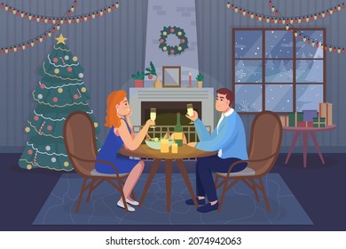 Romantic festive dinner flat color vector illustration. Boyfriend and girlfriend celebrate holiday. Couple in love sitting at table near fireplace 2D cartoon characters with interior on background