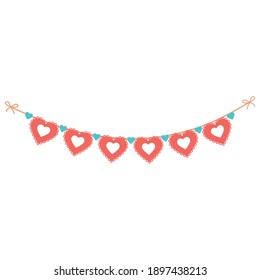 Romantic festive garland of openwork hearts, vector illustration, icon, coloring, decor, Design, decoration