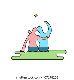 Romantic figures boys and girls looking at a star. Vector illustration