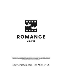 romantic film with hug icon and film strip logo design on isolated background