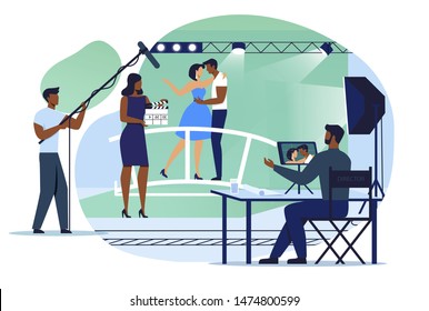 Romantic Film Making Flat Vector Illustration. Sound Engineer, Director and Actors Cartoon Characters. Couple in Love, Man and Woman Hugging on Bridge. Movie Industry, Entertainment Business
