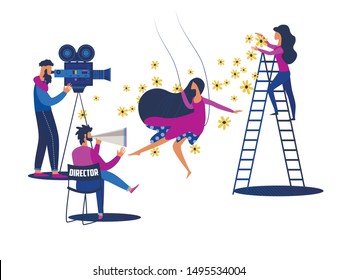 Romantic Film Scene Shooting Process with Staff and Equipment. Filming Director in Chair with Megaphone, Video Operator with Camera and Assistant Sprinkle Flowers. Cartoon Flat Vector Illustration