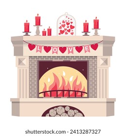 Romantic fireplace decorated for Valentines Day. A fireplace with a burning fire, a garland of hearts, red candles. Illustrated vector clipart.