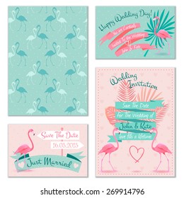 Romantic flamingo birds on mint background wedding invitation cards set with heart symbol abstract isolated vector illustration