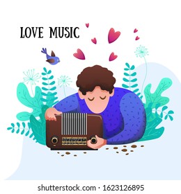 Romantic flat banner. A young man listens to music in nature. Broadcast music. Vector illustration. For website banner and booklet