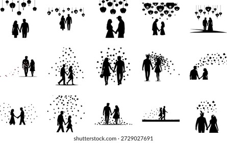 Ilustração vetorial de design plano romântico de um casal de mãos dadas com corações caindo e silhuetas de casamento, evocando amor e compromisso para convites e decoração.