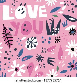 Romantic flat hand drawn seamless pattern. Love you cartoon lettering. Valentines Day festive wrapping paper. White camomiles on pink background. Spring, summer floral vector backdrop