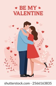 A romantic flat illustration of a couple embracing lovingly. Valentine's Day poster template vector illustration, greeting card