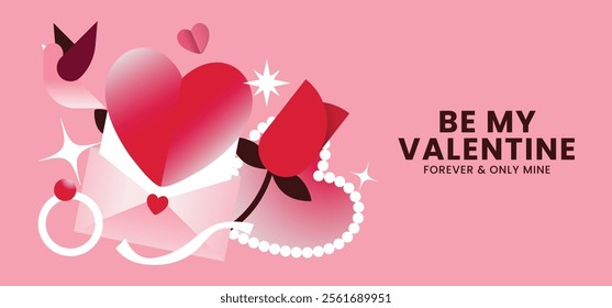 Romantic flat illustration with red and pink tones featuring a heart, envelope, rose, pearl necklace, and engagement ring, symbolizing love and Valentine’s Day in a minimalistic modern style.