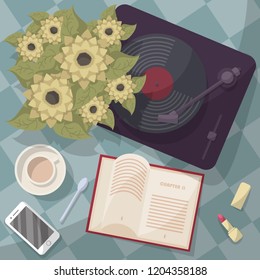 Romantic flat lay with modern gramophone, a bouquet of sunflowers, a cup of a hot beverage and a spoon, a mobile phone, an open book and an open lipstick. Flat cartoon style vector illustration.