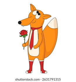 Romantic flat red fox. Vector illustration of cute red fox with rose isolated transparent background. Perfect Valentine's Day poster art t-shirt print. EPS 10
