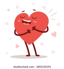 Romantic flat style design Valentine's Day illustration to express feelings of love. Vector red cute enamored heart character with smile on white background